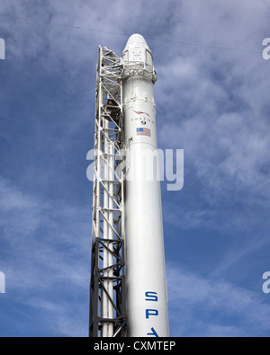 Die Space Exploration Technologies Corp. oder SpaceX, Falcon 9 Rakete mit Dragon-Kapsel befestigt ist 2. Oktober 2012 in Position und bereit zum Abheben im Raum starten Komplex-40 auf Cape Canaveral in Florida. Der Start wird die erste Commercial Resupply Services oder CRS-1, Mission zur internationalen Raumstation ISS werden. Stockfoto