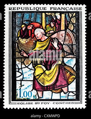 Nicht verwendete 1963 französische Briefmarke Darstellung "Christus und Fischer" Buntglas-Fenster. Stockfoto