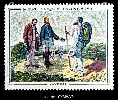 Ungenutzte 1962 französische Briefmarke zeigt Gemälde "Bonjour Mr Courbet" von Gustave Courbet. Stockfoto