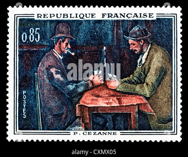 Ungenutzte 1962 französische Briefmarke zeigt Gemälde "Les Jouers de Cartes" / die Kartenspieler von Paul Cézanne. Stockfoto