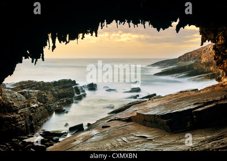 Blick durch Kangaroo Island's Admirals Arch in der Abenddämmerung. Stockfoto