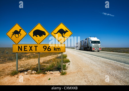 Ikonisches Tierrautschild am Eyre Highway in der Nullarbor Plain. Stockfoto