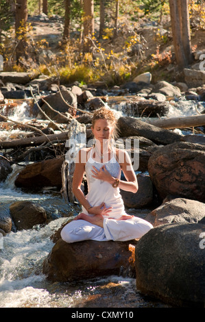 Frau im Yoga pose im Freien im Wald sitzt auf einem Bulder in einem wilden Bach. Stockfoto