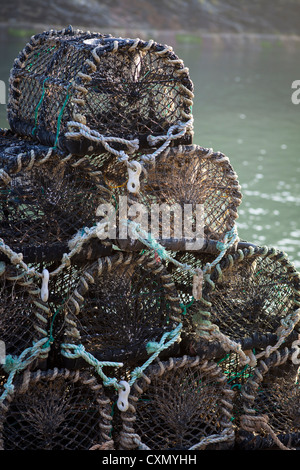 Hummer-Töpfe auf der Hafenmauer zu Boscatle, Cornwall Stockfoto