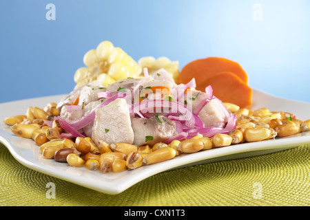 Peruanisch-Stil Ceviche aus roher Mahi-Mahi Fisch gemacht (Spanisch: Perico), roten Zwiebeln, Aji (peruanische Paprika) Stockfoto