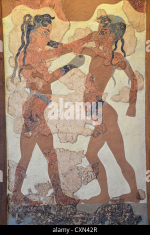 Akrotiri-Fresko von Boxen Boys im Santozeum Museum, Firá, Santorini, Cyclades, Region südliche Ägäis, Griechenland Stockfoto