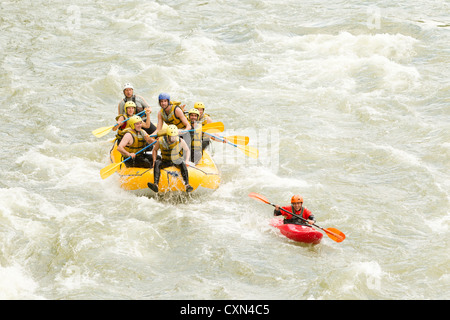 Große Rafting Boot jagen einem Kajak auf Pastaza Fluss Ecuador Stockfoto