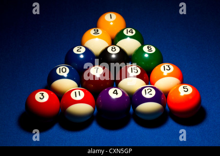 8ball Pause Sequenz zu korrigieren. Dramatische Beleuchtung auf blauem Filz. Stockfoto