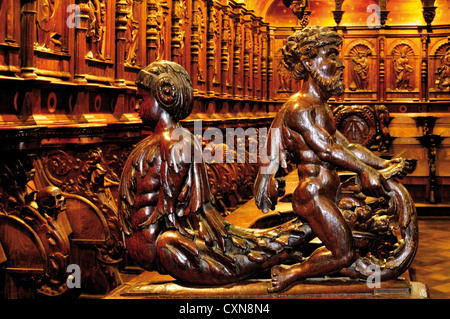 Frankreich, Jakobsweg: Detail des Chors Renaissance Stände in der Kathedrale Notre Dame in St. Bertrand de Comminges Stockfoto