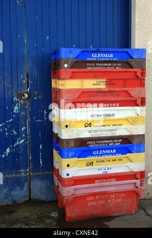 Angeln-Kisten am Kai in Girvan in Ayrshire, Schottland Stockfoto