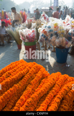 Orange Blumengirlanden auf dem Morgen Blumenmarkt, Connaught Place, Neu Delhi, Indien Stockfoto