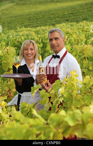 Mann und Frau mit Weißwein in einem Weinberg Stockfoto