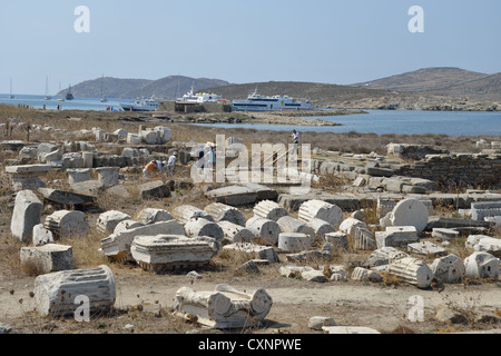 Ansicht der archäologischen Stätte von Delos, Delos, Cyclades, Süd Ägäis, Griechenland Stockfoto