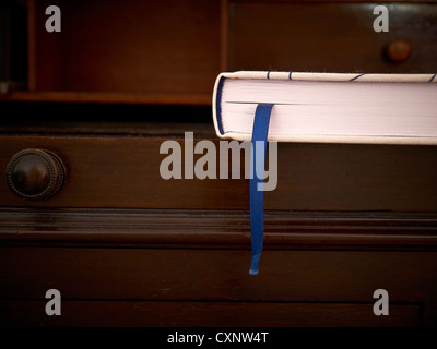 Buch mit sieben Siegeln mit blauen Lesezeichen Stockfoto