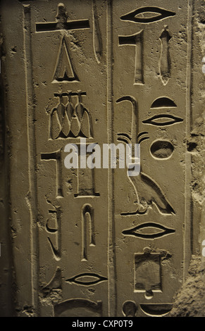 Ägyptische Kunst. False-Tür von der offiziellen Dedu-Hekenu. Von Sakkara. Kalkstein. 6. Dynastie. Altes Königreich. Hieroglyphen. Stockfoto