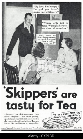 Original der 1930er Jahre Vintage Printwerbung aus englischen Verbraucher Magazin Werbung Skipper konservierte Sardinen Stockfoto