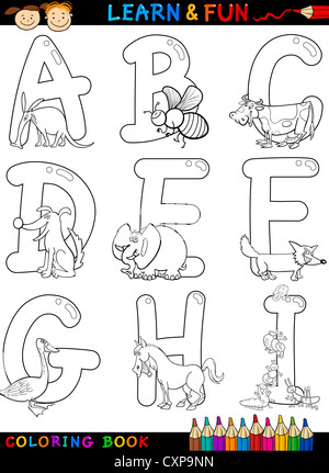 Cartoon Alphabet Malbuch oder Seitensatz mit lustigen Tieren für Kinder Bildung und Spaß Stockfoto