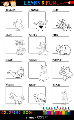 Cartoon-Malbuch oder Seite Illustration der Grundfarben Set mit Tieren oder Gegenständen für die Ausbildung der Kinder Stockfoto