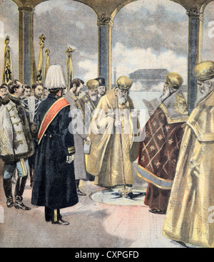 Segnung des Flusses Neva Sankt Petersburg (1895) Russland durch Russisch-orthodoxen Priester der orthodoxen Kirche. Vintage Illustration oder Gravur Stockfoto