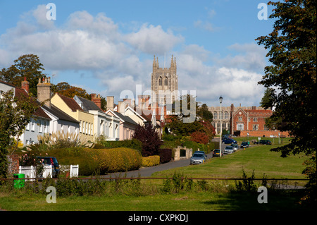 Long Melford, Holy Trinity Church und den großen Dorfanger in Suffolk, England, UK. 10-2012. Stockfoto