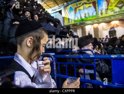 Orthodoxe Juden von der Hasidic Dynastie Vizhnitz feiert Simchat Beit Hashoeivah in Bnei Brak Israel Stockfoto