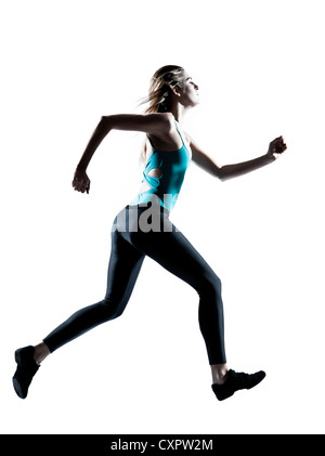 Seitenansicht einer jungen sportlichen Frau Joggen isoliert auf weißem Hintergrund Stockfoto