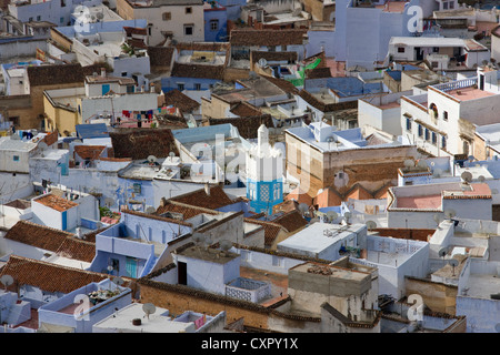 Übersicht der Häuser auf das Riffgebirge, Chefchaouen, Marokko Stockfoto