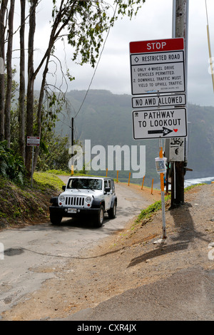 Steile Straße in Waipio Valley, nur für Geländefahrzeuge, Zeichen, Big Island, Hawaii, USA Stockfoto