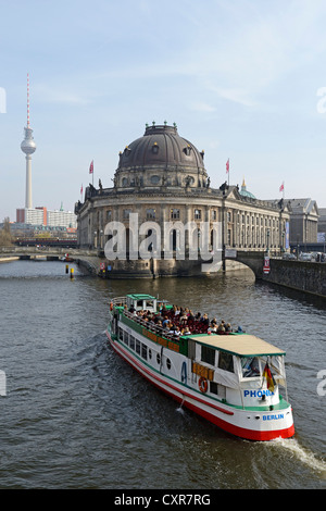 Fahrgastschiff auf der Spree vor dem Bode-Museum, Museumsinsel, UNESCO-Weltkulturerbe, Berlin Stockfoto