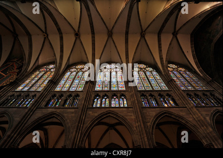 Glasfenster, Kirchenfenster, Nordschiff, Innenansicht der Kathedrale von Straßburg, Kathedrale unserer lieben Frau von Straßburg Stockfoto