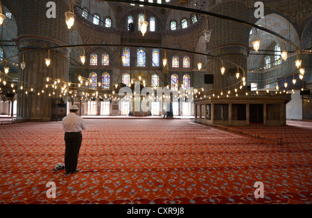 Gläubige im Gebet, Gebetsraum, Gebetsteppich, Innenansicht, Sultan Ahmed Mosque oder blaue Moschee, Sultanahmet Stockfoto