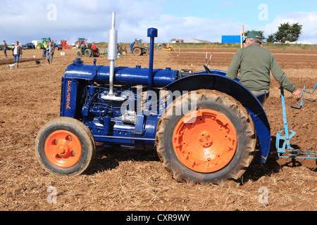 Traktor Fordson blau bei einem Pflügen Spiel im Pelynt in der Nähe von Looe in Cornwall an einem Herbsttag Stockfoto