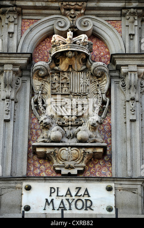 Wappen und Wandmalereien an der Casa De La Panaderia Hausbau, Bäcker, quadratische Plaza Mayor, Madrid, Spanien, Europa Stockfoto