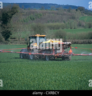 Traktor mit Boom Granulat Streuer verbreiten Dünger auf eine Youn-Weizen-Getreide im Frühjahr Stockfoto