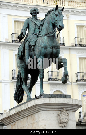 Reiterstandbild, Denkmal, König Carlos III, Plaza Puerta del Sol Platz, Madrid, Spanien, Europa, PublicGround Stockfoto