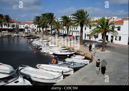 Weiße Angelboote/Fischerboote und Palmen im Hafen von Fornells, Menorca, Balearen, Mittelmeer, Spanien, Europa Stockfoto