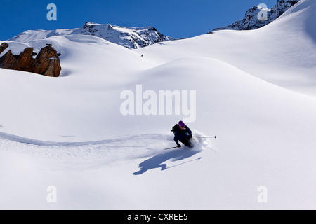 Ski Alpin im Tiefschnee, Ahornspitze Berg, Zillertaler Alpen, Zillertal Valley, Nordtirol, Tyrol Stockfoto