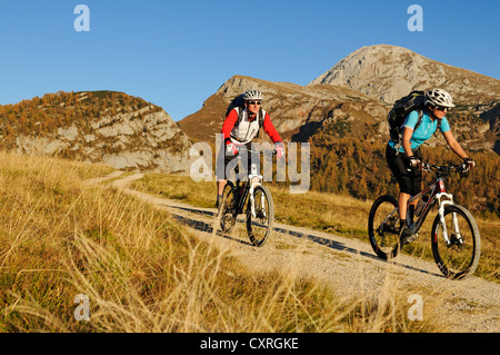 Mountainbiker auf dem Weg zur Gotzenalm Alp, Landkreis Berchtesgadener Land, Upper Bavaria, Bayern, Deutschland, Europa Stockfoto