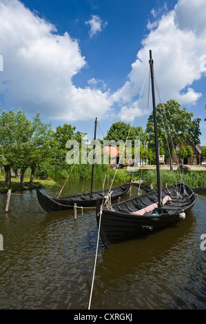 Wallmuseum, slawische Dorf mit einem Wikingerschiff, einem slawischen Handelsschiff und verfasse, Oldenburg in Holstein, Ostsee Stockfoto