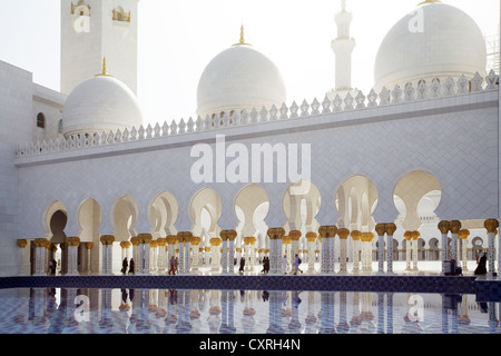 Kolonnade spiegelt sich in einer Lache des Wassers in der Sheikh-Zayed-Moschee in Abu Dhabi, Vereinigte Arabische Emirate, Naher Osten, Asien Stockfoto