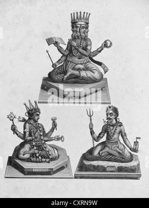 Brahma, Vishnu und Shiva, Dreifaltigkeit von Hindu-Gottheiten, Indien, Gravur, London Stockfoto