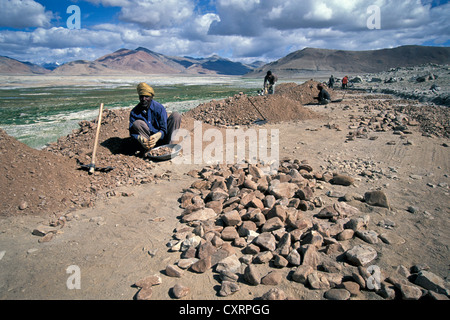 Straßenarbeiter aus dem Bundesstaat Bihar, Straßenbau, in der Nähe der Tso Khar oder Tsokar See, Changthang, Ladakh, indischen Himalaya Salz Stockfoto