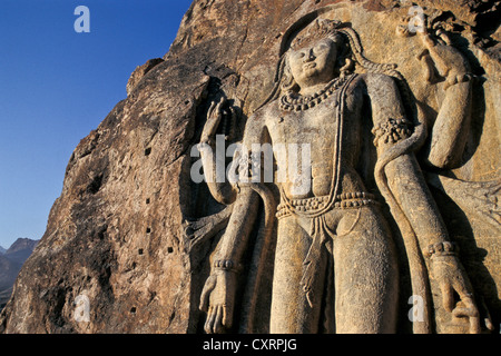 Stein Relief, Maitreya Budhha, Mulbekh, Ladakh, Jammu und Kaschmir, Nordindien, Indien, Asien Stockfoto