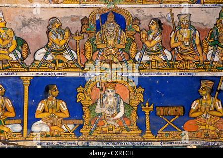 Wandmalerei im Stil Chola, Brihadisvara oder Brideshwarar-Shiva-Tempel, Tanjore oder Thanjavur, Tamil Nadu, Südindien Stockfoto