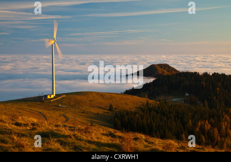 Windturbine mit Nebel im Abendlicht, Alp Sommeralm, Almenland Region, Steiermark, Austria, Europe Stockfoto