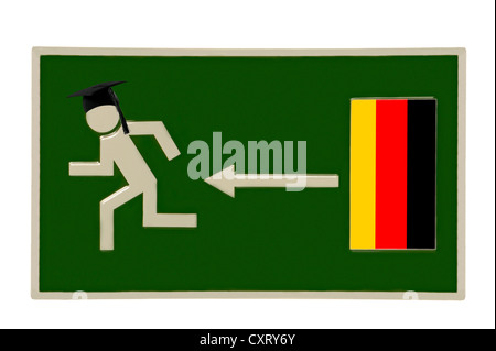 Schild, Piktogramm einer Person mit einer Graduierung Mütze auf der Flucht vor einer Tür mit der deutschen Fahne, symbolische Bild des zu entkommen Stockfoto