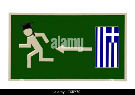 Schild, Piktogramm einer Person mit einer Graduierung Mütze auf der Flucht vor einer Tür mit griechischer Flagge, symbolisches Bild von Akademikern zu entkommen Stockfoto