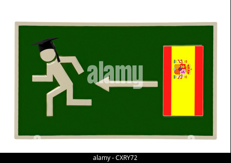 Schild, Piktogramm einer Person mit einer Graduierung Mütze auf der Flucht vor einer Tür mit der spanischen Flagge, symbolische Bild des zu entkommen Stockfoto