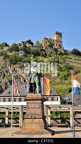 Statue von Gebhard Leberecht von Blücher, ein UNESCO-Weltkulturerbe, Oberes Mittelrheintal und Burg Gutenfels, Kaub Stockfoto