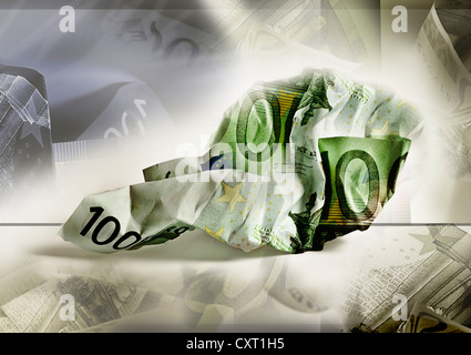 Zerknitterte Euro-Banknoten in Form von Österreich, symbolisches Bild Stockfoto